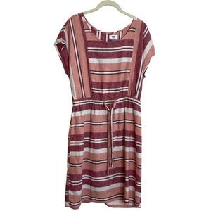 Old Navy Womens Linen Blend Dress Size Medium Striped Drawstring Waist Casual